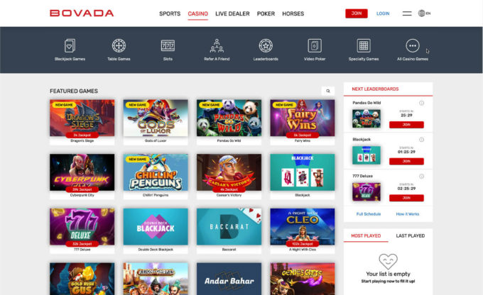 Bovada Casino Game Selection Screenshot