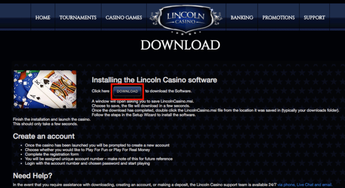 Lincoln Casino Download page
