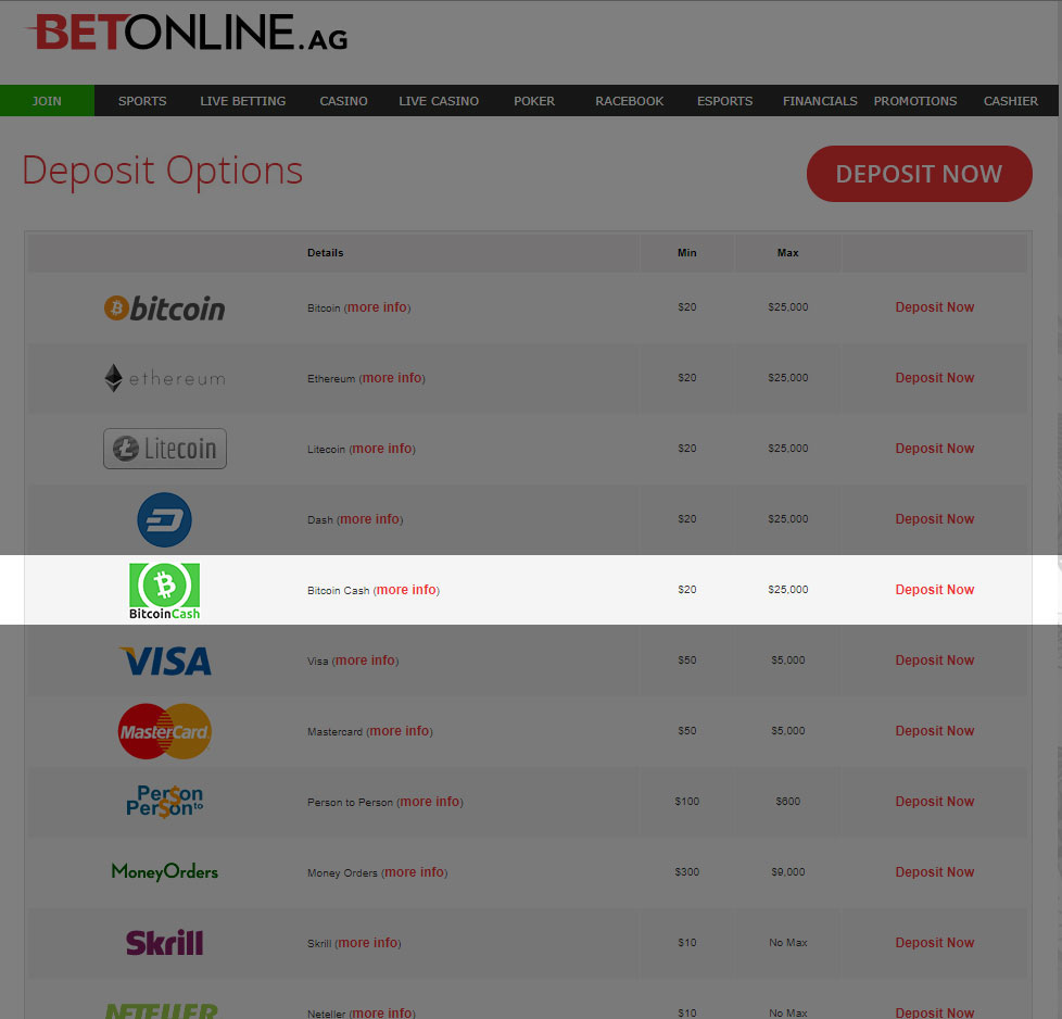 Bitcoin Cash Online Casino Deposits at BetOnline