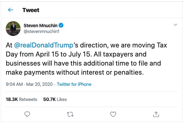 Steve Mnuchin Twitter Announcement Postponing Tax Day