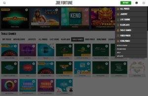 Joe Fortune Online Casino Homepage Screenshot