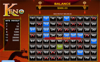 Online Keno Game Board Screenshot