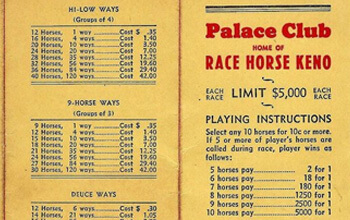 Palace Club Race Horse Keno Card and Instructions
