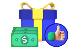 Sign Up Bonus Gift Box with Money and Thumbs Up Icon