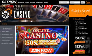 Betnow Casino Homepage Bonus Screenshot