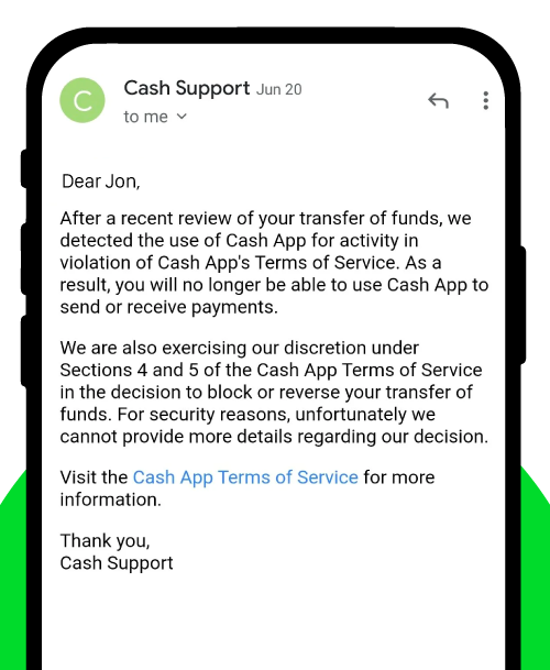 Cash App Closed Account Notification Email