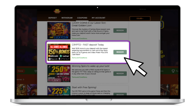 Screen Highlighting the Selection of a Lucky Hippo Casino Bonus
