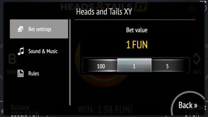 Screenshot of the bet-setting menu options for the online gambling game Heads&Tails XY