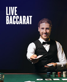 Image of a young man in casino dealer attire behind a table with stacks of casino chips and cards. The title "Live Baccarat" reads on top.