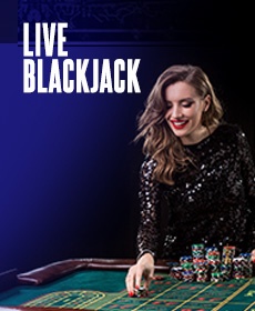 Image of a young woman in formal attire in front of a casino table with stacks of casino chips. The title "Live Blackjack" reads on top.