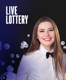 Image of a young woman in casino dealer attire. The title "Live lottery" reads on top.