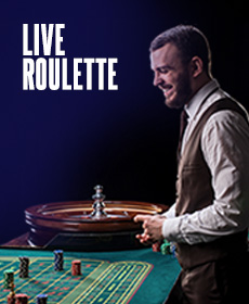 Image of a young man in casino dealer attire beside a table with stacks of casino chips and a roulette. The title "Live Roulette" reads on top.