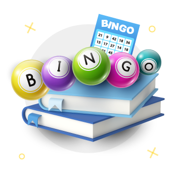 illustration depiction books piled with bingo balls that spell the word "bingo" and a bingo card