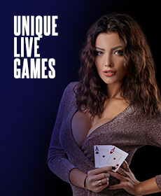 Image of a young woman wearing a dress, holding two aces. The title "Unique Live Games" reads on top.