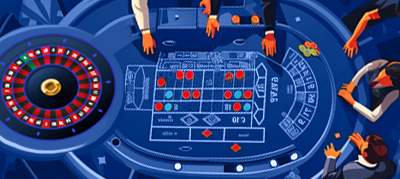 illustration portraying an overhead look at a land-based casino roulette table with a dealer and several players