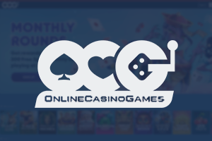 OnlineCasinoGames Featured Logo with blue overlay and homepage layout background