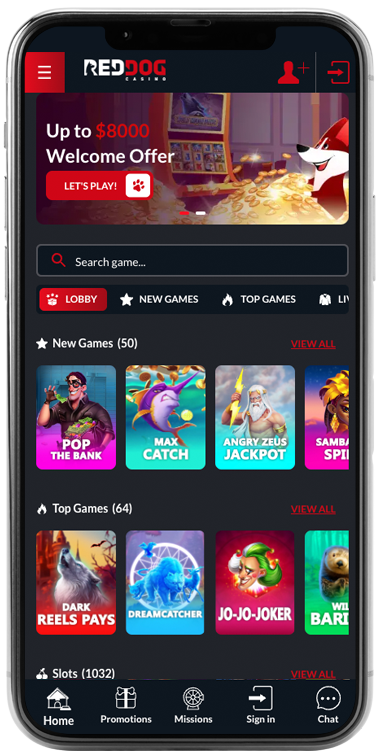 RedDog Casino Homepage Mobile Screenshot